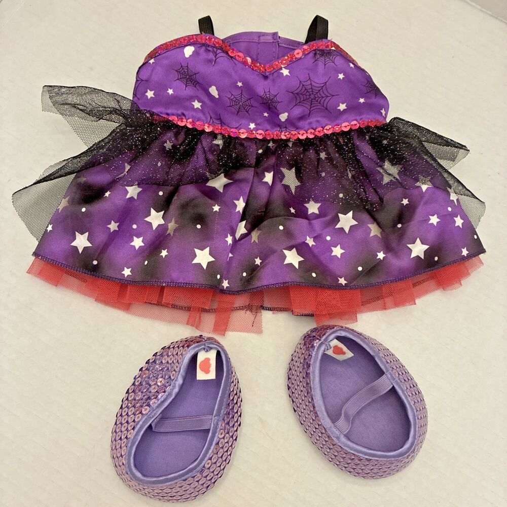 Build-A-Bear Halloween Dress Purple Black Pink Spider Web Stars + Sequins Shoes